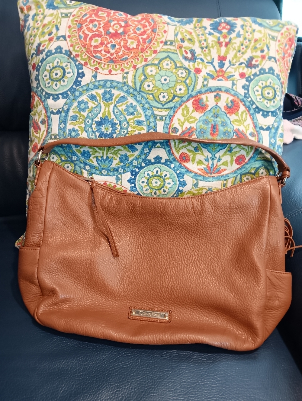 Calvin Klein Cognac Pebbled Leather Shoulder Bag